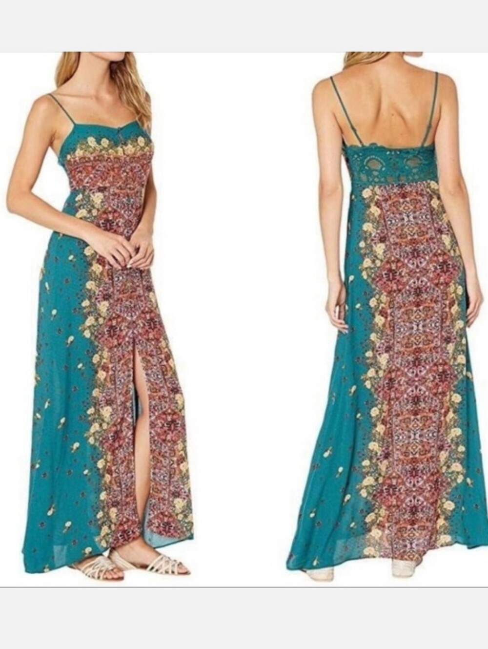 Free People Morning Song Teal Lace Detail Front Buttons Front Slit Maxi Dress - Picture 10 of 10